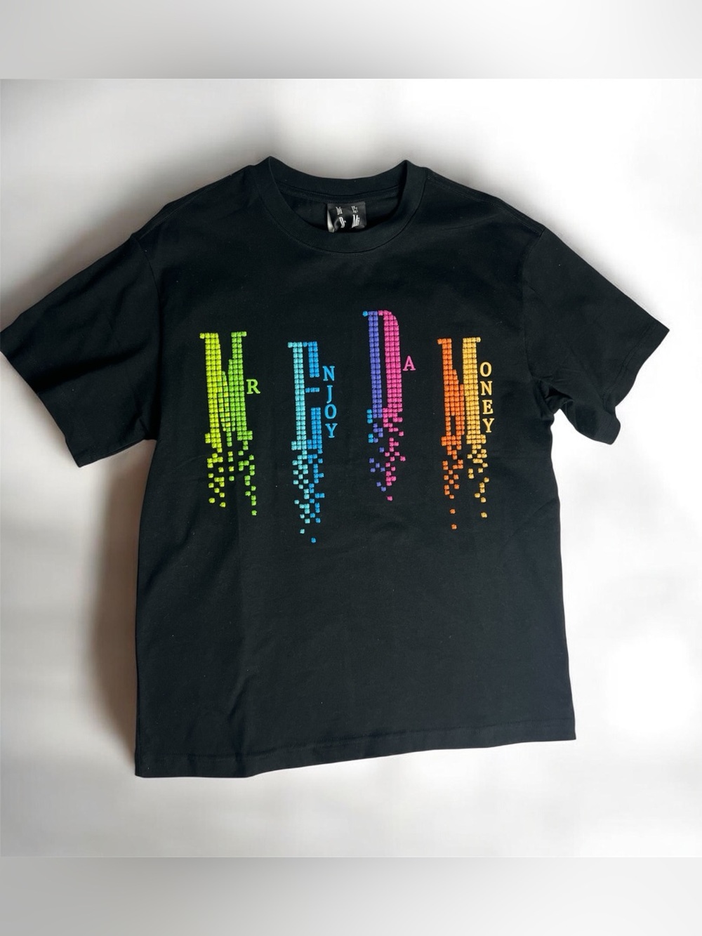 Black Short Sleeve Graphic Tee with Rainbow Pixel Letters